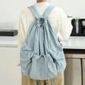 Casual light blue nylon drawstring backpack with multiple pockets and pleats - Blue