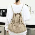 Fashionable khaki nylon drawstring backpack with pleated details for daily travel - Khaki