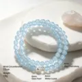 Bracelet double rang en perles de calcédoine bleue 6mm avec perle - Style à double boucle / Circonférence 15cm / Calcédoine Bleue