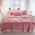 Pink thick milk velvet blanket with geometric textured pattern and white frilled edges - 100*150cm / Rose Pink