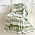 Soft green and white striped flannel throw blanket with luxurious textured jacquard pattern - Green
