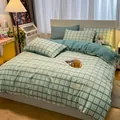 Modernes Bettwäsche-Set aus gewaschener Baumwolle mit grün-weißem Karomuster für Wohnheime - Minzgrün Kariert / 1,2m Flachbettlaken 3-teiliges Set