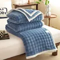 Luxurious blue milk velvet plush blanket with white faux fur trim for cozy office nap - Blue Gray