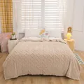 Premium soft beige cable knit coral fleece throw blanket draped on a cozy bed style - Gift Box / Beige Coffee