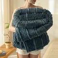 Soft blue-gray flannel throw blanket with ribbed strip texture for home or office - 70x100cm Gift Blanket / Ink Blue