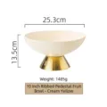 Frutero de cerámica crema de 10 pulgadas con elegante base de pedestal dorada acanalada - 10" / Plato de Fruta Acanalado 10 Pulgadas - Crema