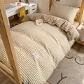 Minimalist Japanese style brown checkered washed cotton bedding set for student dorms - Pudding Apricot (0235) / 1.2m 3-Piece Set