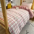 Juego de cama de algodón lavado a cuadros rosas y blancos para dormitorios de estudiantes - Cuadros Fresa (0235) / Juego de 3 Piezas de 1.2m
