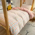Juego de cama de algodón lavado estilo japonés con cuadros naranjas y rosa sólido - Cuadros Crema Naranja (0235) / Juego de 3 Piezas de 1.2m