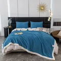 Dicke, doppellagige, blaue Flanell- und weiße Sherpa-Fleece-Decke auf einem Bett - Saphirblau