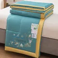 Soft teal mint fiber summer quilt with yellow border and cooling floral embroidery - Mint Style (85968) / 110x150cm / Emerald Green