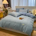 Bettwäsche-Set im japanischen Stil aus weicher, atmungsaktiver, gewaschener Baumwolle - Blau Kariert