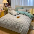 Bettwäsche-Set aus gewaschener Baumwolle im japanischen Karomuster für Schlafzimmer - Grün und Rosa Kariert