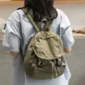 Mochila vintage de lona lavada verde militar estilo japonés con hebillas metálicas - Verde Militar