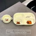 Assiette 4 compartiments et bol en céramique crème avec imprimé Capybara - Style Capybara / Assiette Compartimentée + Bol à Anses