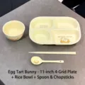 Cream-colored 11-inch divided plate set with bowl and spoon featuring rabbit illustration - Egg Tart Bunny / Plate + Bowl + Chopsticks & Spoon