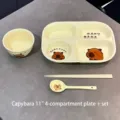 Cute cartoon Capybara themed 4-compartment ceramic dinner plate with bowl and spoon set - Capybara Style / Plate + Bowl + Chopsticks & Spoon