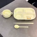 Cute cream yellow ceramic 4-compartment divided plate set with cartoon rabbit pattern - Egg Tart Bunny / Plate + Handled Bowl + Chopsticks & Spoon