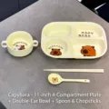 Cute Capybara ceramic tableware set including 11-inch divided plate, bowl, and utensils - Capybara Style / Plate + Handled Bowl + Chopsticks & Spoon