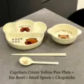 Service de table mignon Capybara en céramique jaune crème avec assiette divisée et bol - Ensemble Assiette Bol Cuillère Baguettes / Jaune lait