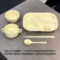 5-Piece cream ceramic dinnerware set with cute bunny pattern and divided plate - Egg Tart Bunny / Plate + Two Bowls + Chopsticks & Spoon