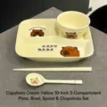 Elegante set di stoviglie in ceramica giallo crema con stampa capybara, piatto e ciotola - Piatto Giallo Crema Ciotola Cucchiaio Bacchette