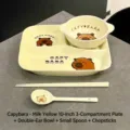 Set in ceramica Capybara giallo crema con piatto diviso da 10 pollici, ciotola e cucchiaio - Piatto Giallo Crema Ciotola Due Manici Cucchiaio Bacchette