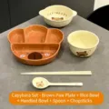 Coffret vaisselle en céramique Capybara avec assiette divisée et bols couleur marron - Ensemble Assiette 2 Bols Cuillère Baguettes / Marron