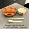 Assiette compartimentée en céramique patte de chat marron Capybara avec bol - Ensemble Assiette Bol Cuillère Baguettes / Marron