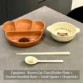 Set de vaisselle en céramique Capybara avec assiette divisée bol cuillère et baguettes - Ensemble Assiette Bol Cuillère Baguettes / Marron