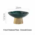Elegant emerald green 9-inch ceramic footed fruit plate featuring a luxury golden fluted base - 9 Inch - Emerald Green