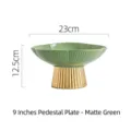 9-inch modern matte green ceramic fruit plate featuring a luxurious gold high-foot base - 9 Inch - Matte Green