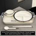 5-teiliges geteiltes Speiseteller-Set mit Tablett in Cremeweiß und Silber - Geteilter Teller mit Henkelschale Löffel Stäbchen und Tablett / 5-teiliges Set / Silber