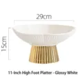 Modern 11-inch white ceramic fruit bowl with elegant gold ribbed pedestal base. - 11 Inch - Glossy White