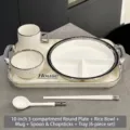 Elegantes 6-teiliges weißes Keramik-Frühstücks-Set mit Silberrand inklusive Tablett und Napf - Geteilter Teller mit Schale Becher Löffel Stäbchen und Tablett / 6-Teiliges Set / Silber