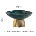 Elegant 11 inch emerald green ceramic pedestal fruit bowl featuring a gold ribbed base detail - 11 Inch - Emerald Green