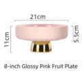 8-inch glossy pink ceramic fruit plate with gold base stand, 21cm wide and 11cm high - High-foot Style / Pink / 8 inch