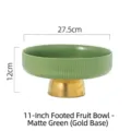 Modern 11-inch matte green ceramic fruit bowl with elegant gold-finished high base - High-foot Style / Matte Green / 11"