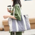 Stylish color-block canvas drawstring tote bag for women, versatile nylon shoulder bag - Gray