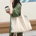 Fashionable drawstring color-block canvas tote bag for women in beige and grey nylon - Camel