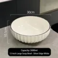 Grand bol à soupe en céramique blanche de 12 pouces avec bord argenté et design strié - 12 Pouces (5000ml) / Blanc Bord Argenté