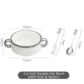 White ceramic soup bowl with silver trim handles and cute bear cutlery set for breakfast - 4.5 Inch / White (Silver Edge) with Fork Spoon Set