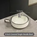 Bol à petit-déjeuner en céramique blanche de 8 pouces avec couvercle en verre et poignée ours - Bol à Poignée 8 Pouces avec Couvercle