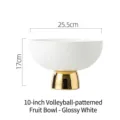 Modern glossy white ceramic footed fruit bowl with volleyball texture and gold base - 10 Inch Volleyball Texture Fruit Plate / Diameter 25.5cm / Bright White