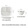 Service de vaisselle 2 pièces en céramique blanche avec bord argenté - Service Assiette et Bol / Blanc Argenté