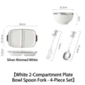 Service de table 4 pièces en céramique blanche avec bord argenté, assiette divisée, bol et couverts - Ensemble Assiette Divisée Bol et Couverts Bord Argenté / Blanc