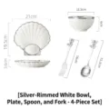 Set da 4 pezzi in ceramica bianca con piatto a conchiglia e ciotola con bordo argentato - Set Stoviglie Conchiglia Bordo Argento / Bianco