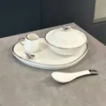 Set de 4 bols à dessert en céramique avec décor d'oiseau argenté - Ensemble Bol Et Assiette Et Cuillère Et Pot / Set de 4 pièces