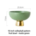 10 inch matte green ceramic fruit bowl with textured volleyball pattern and gold base - 10 Inch Volleyball Texture Fruit Plate / Diameter 25.5cm / Matte Grass Green