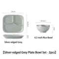 Ensemble assiette et bol en céramique gris à bord argenté pour une personne, 2 pcs - Service Assiette et Bol / Gris à Bord Argenté